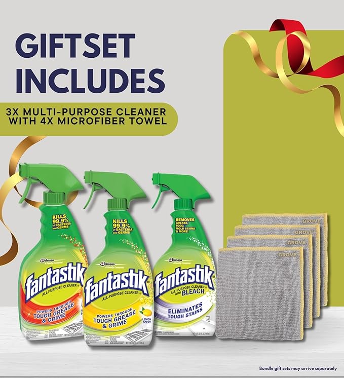 Fantastik All Purpose Cleaner Spray 32 oz + Lemon Scent All Purpose Cleaner Spray 32 oz + All Purpose Cleaner Spray with Bleach 32 oz Bundle with Microfiber Cloth - Multi-Surface Cleaning - (7 Items)