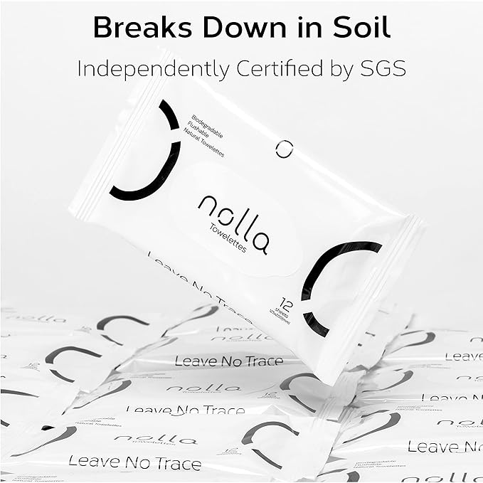 Nolla Flushable Wipes Travel Packs, 100% Plant-Based, Plastic-Free and Biodegradable - Unscented + Soothing Aloe and Vitamin E 120 Count (10 Packs of 12)