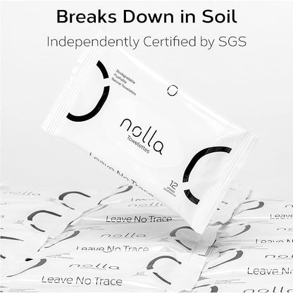 Nolla Flushable Wipes Travel Packs, 100% Plant-Based, Plastic-Free and Biodegradable - Unscented + Soothing Aloe and Vitamin E 240 Count (20 Packs of 12)