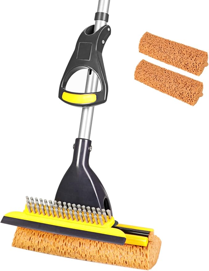 Yocada Sponge Mop Home Commercial Use Tile Floor Bathroom Garage Cleaning Total 2 Sponge Heads NOT 3 Telescopic Handle Squeegee from 42.5 to 52 Inches Easily Dry Wringing only 2 Heads