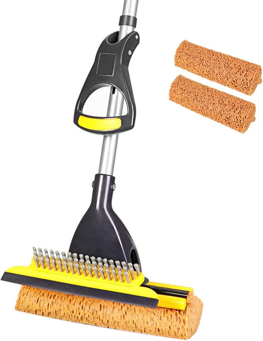 Yocada Sponge Mop Home Commercial Use Tile Floor Bathroom Garage Cleaning Total 2 Sponge Heads NOT 3 Telescopic Handle Squeegee from 42.5 to 52 Inches Easily Dry Wringing only 2 Heads