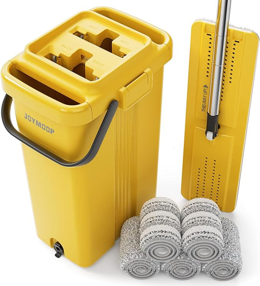JOYMOOP Heavy Duty Commercial Mops for Floor Cleaning, Wet Dry Mop and Bucket Set with Large Capacity Yellow Bucket, Includes 5 Reusable 17-Inch Microfiber Pads