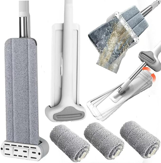 360 Hands-Free Self Wringing Floor Cleaning Mop, Flat Mop - Microfiber with 4 x Washable Pads, Hand Washing Free for Hardwood and Window, White