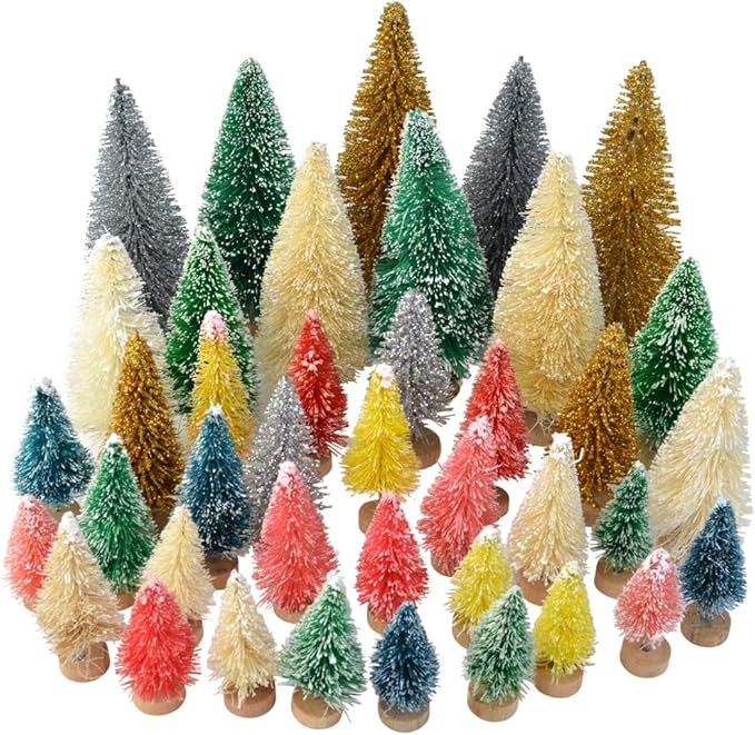 Yookat 40Pcs Mini Pine Trees Artificial Mini Trees with Wood Base Sisal Trees Bottle Brush Trees Assorted Color for Christmas Decoration Winter Ornaments DIY Crafts (Multicolor)