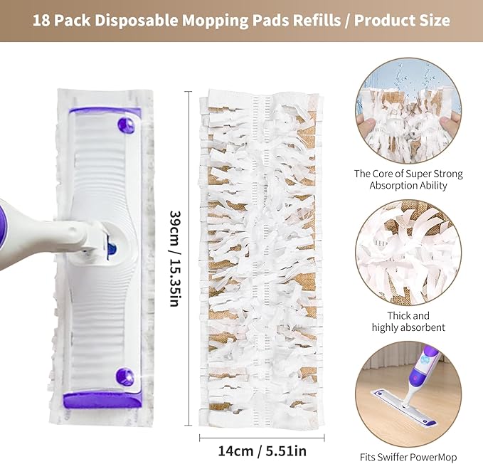 18 Pack Disposable Mopping Pads Refills for Swiffer PowerMop Wood Mops, Spray Clean Pads Wet Pads Refill Replacement for Wood Floor Cleaning（Brown Without Handle）