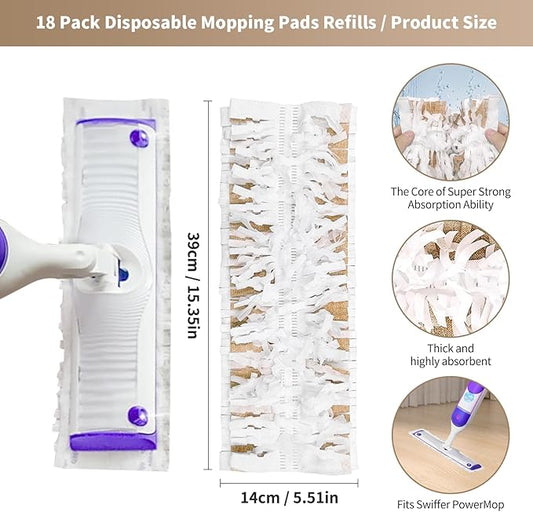 18 Pack Disposable Mopping Pads Refills for Swiffer PowerMop Wood Mops, Spray Clean Pads Wet Pads Refill Replacement for Wood Floor Cleaning（Brown Without Handle）