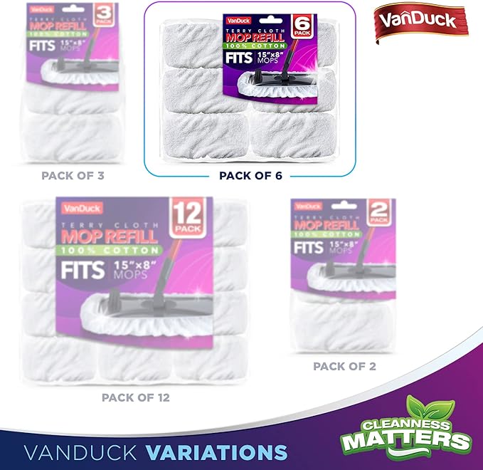 100% Cotton Terry Cloth Mop Pads 15x8 Inch 6-Pack (Handle is Not Included)