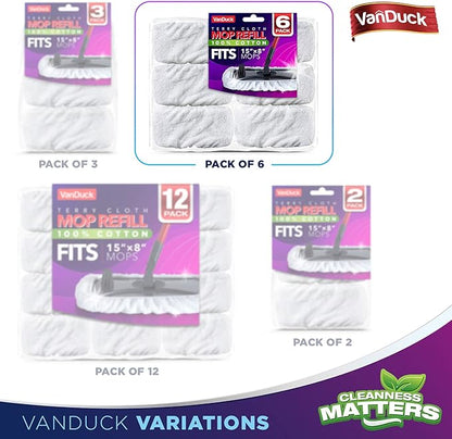 100% Cotton Terry Cloth Mop Pads 15x8 Inch 6-Pack (Handle is Not Included)