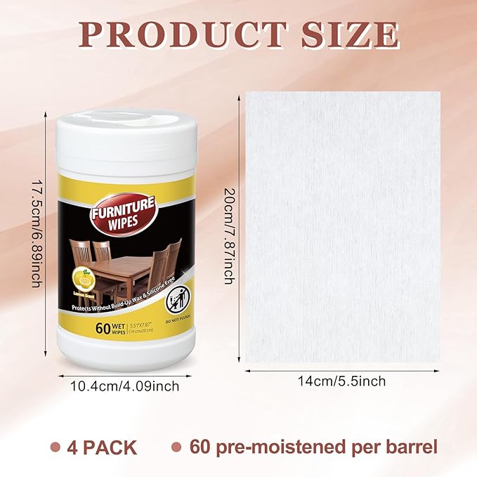 4 Pack Wood Furniture Wipes 240 Count Wood Furniture Cleaner and Polish Wipes Remove Dirt and Grime Buildup Cabinet Cleaner for Wood Surfaces Floors Kitchen Bathroom Cabinet Cleaning