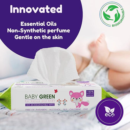 Yugi Green Baby Wipes with Essential Oils for Sensitive Skin & Nose Wipe. Plant-Based, and Organic, Plastic FREE, 1,728 Count (24 Packs of 72)
