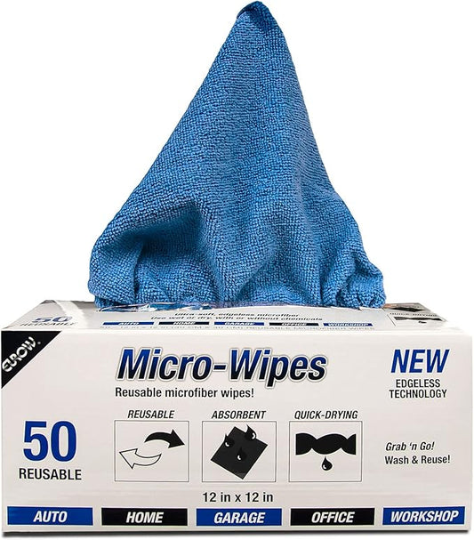 Eurow Reusable Microfiber Cleaning and Drying Wipes with Dispenser Box, 200GSM, 12 by 12 Inches, Pack of 50 - Blue