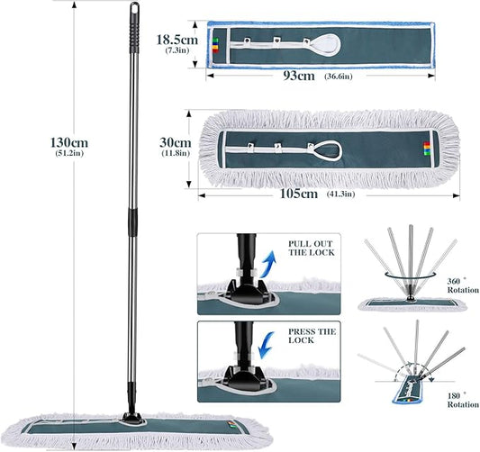 Masthome 42" Large Industrial Mop with 2 Reusable Mop Pads,Commercial Microfiber Mop & Long Handle Lightweight 180 Degree Rotating Broom Set with Squeegee Broom for Floor