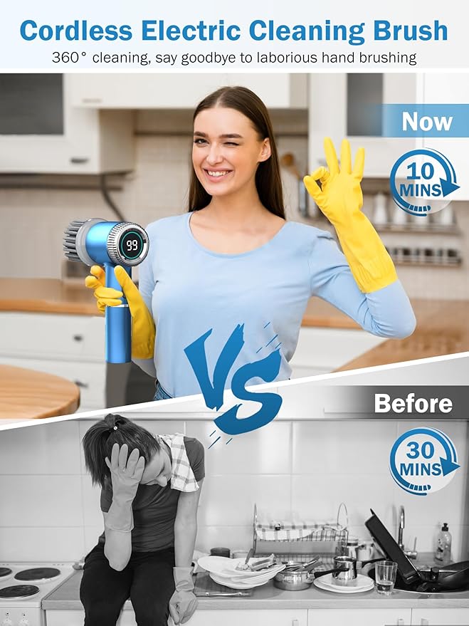 Electric Spin Scrubber,Cordless Electric Scrubber Electric Cleaning Brush with 3 Speeds shower cleaner,Battery Level Display 5 Replaceable Brush Heads,Cleaning Brush for Sink Bathroom Tub Floor Window