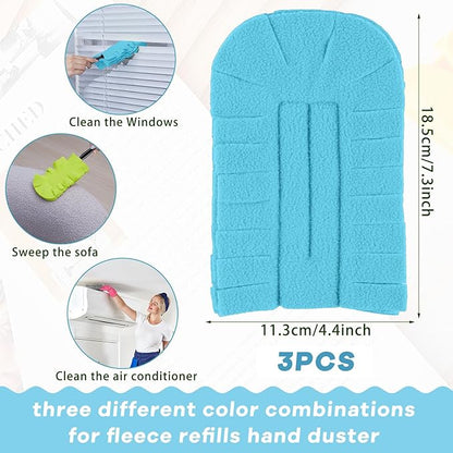 Zubebe 3 Pcs Heavy Duty Duster Refill Reusable Fleece Duster Refills Multi Surface Washable Cleaning Pads for Home, Blinds, Fans, Corners, Furniture (Blue,Green,Gray)