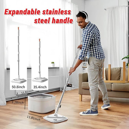 Spin Mop and Bucket Set with Self Separation System 360° Spinning Self-Wringing, Square Clean Mop and Bucket with Wringer-with Replaceable Mop (Light Grey Mop and Bucket Set 10pads)