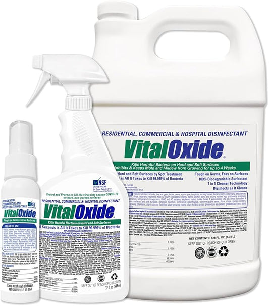 Vital Oxide Disinfectant, Deodorizer, Cleaner, Food-Contact Sanitizer, Virucide – (EPA registration #82972-1) – Kills Mold & Mildew, Eliminates Odors – 1 Gallon, 32 oz, & 3 oz