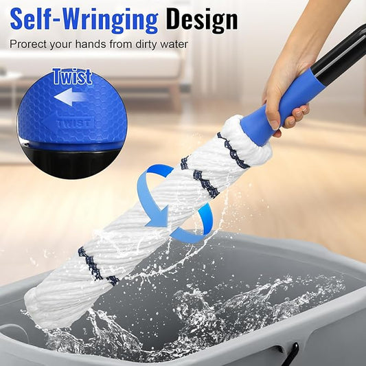 BUVE Self Wringing Twist Mop for Floor Cleaning, Microfiber Mop with Wringer Long Handled, String Wet Floor Mop for Hardwood Vinyl, Tile, Commercial Household Clean,Safe on All Floor Types, Blue