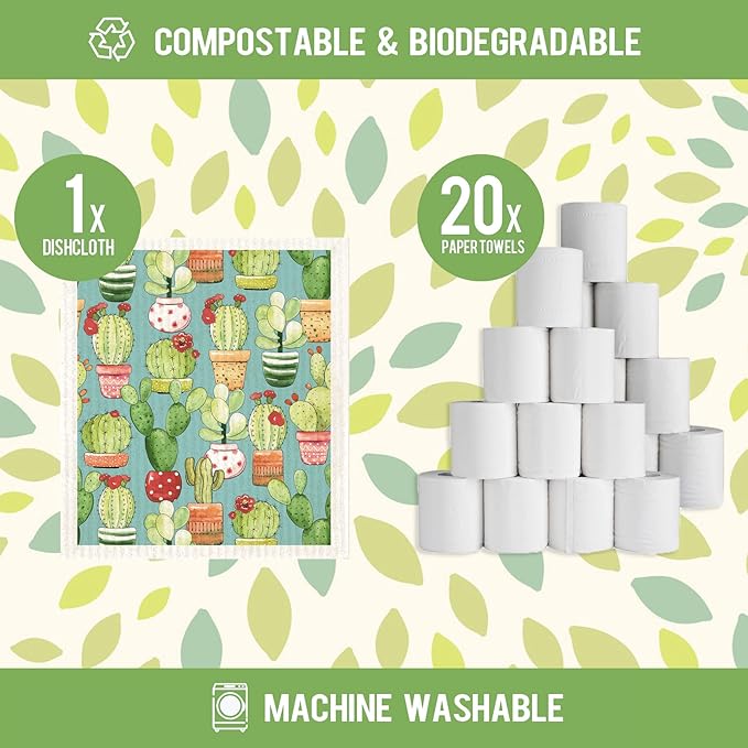 Morigins Cactus Swedish Dish Cloths 6 Pack Reusable Compostable Kitchen Cloth,Cellulose Sponge Dish Cloths Dish Towel Set