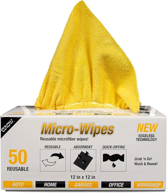 Eurow Reusable Microfiber Cleaning and Drying Wipes with Dispenser Box, 200GSM, 12 by 12 Inches, Pack of 50 - Yellow