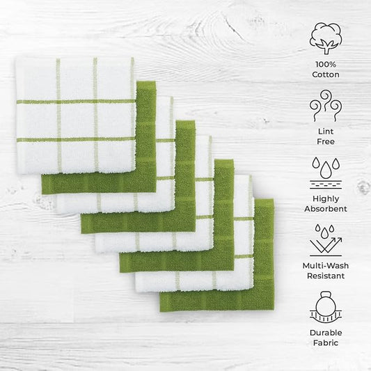 100% Cotton Dish Cloth for Dish Washing, Terry Dish Cloth, Cotton Dish Rags, 8 Pack, Super Soft and Absorbent,12"x12" inches, Reusable Cleaning Cloth, Green Dish Cloth (Solid and Checks)