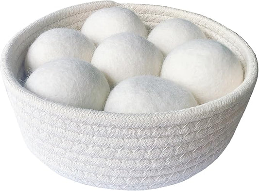 Luxury Natural Wool Dryer Balls, 7-Pack, Save Drying Time and Reduces Clothing Wrinkles, Reusable, Fabric Softener for Laundry, Includes Basket for Easy Access and Aesthetic Laundry Room Decor