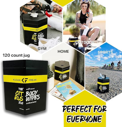 Body Wipes - for Face and Body, No Water, Wipe Away Sweat and Odor, Large Textured, Travel, Gym, Camping and More, 120 Cnt Jug (Citrus)