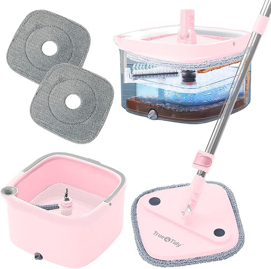 Square Spin Mop and Bucket Smart Floor Mop with Separate Compartments for Clean and Dirty Water, Self Cleaning with 2 Machine Washable Pads, First Launch Limited Edition Rose