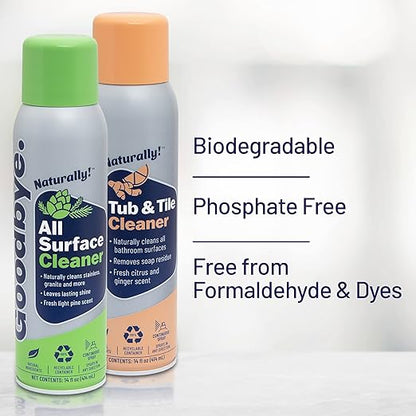 All Surface Cleaner and Tub and Tile Bathroom Cleaner, Safe and Effective All Natural Cleaning Products, 14 oz Continuous Spray Cans, 2 Pack