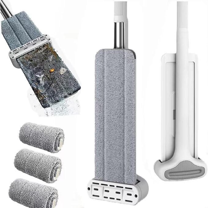 360 Hands-Free Self Wringing Floor Cleaning Mop, Flat Mop - Microfiber with 4 x Washable Pads, Hand Washing Free for Hardwood and Window, White