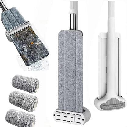 360 Hands-Free Self Wringing Floor Cleaning Mop, Flat Mop - Microfiber with 4 x Washable Pads, Hand Washing Free for Hardwood and Window, White