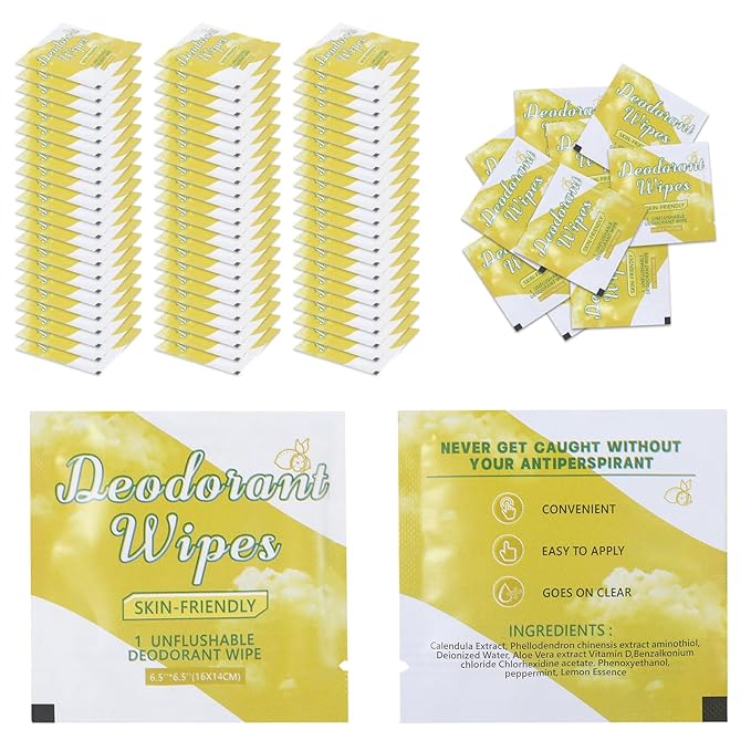 100Pcs Travel Deodorant Wipes, Travel Size Mini Deodorant Wipes Bulk for Homeless, Individually Wrapped Body Cleaning Supplies for Women Wet Armpit for Body Cleaning Lemon