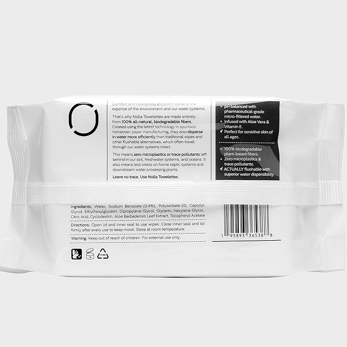 Nolla Flushable Wipes, 100% Plant-Based, Plastic-Free and Biodegradable - For Adults and Kids - Unscented + Soothing Aloe and Vitamin E 360 Count (6 Packs of 60)