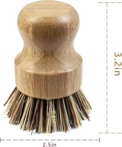 AUEAR, Natural Bamboo Dish Scrub Brush Cleaning Pot Scrubber Brushes Coconut Bristles for Cast Iron Skillet Pots Pans (2-Pack, Deep Color)