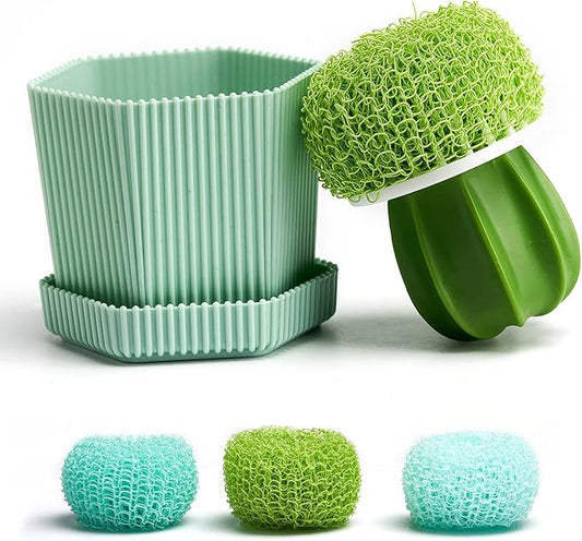 Cactus Mini Dish Brush Set with Drip Tray (3 Replacement Brushes), Durable Kitchen Cleaning Scrubbers for Plates, Pans, Pots, Sink (Green)