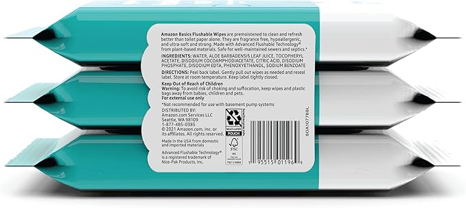 Amazon Basics Adult Wet Wipes Flushable Fragrance Free, 126 Count (3 Packs of 42) Packaging May Vary