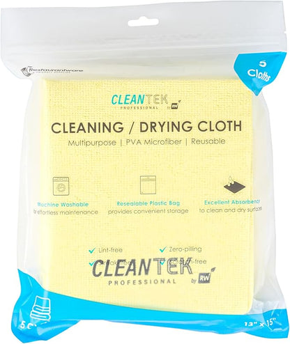 Clean Tek Professional 13 x 15 Inch Cleaning Cloths, 5 Reusable Cloth Towels - Machine Washable, Absorbent, Yellow PVA Microfiber Cleaning Rags, Fast Drying, For Windows Or Cars - Restaurantware