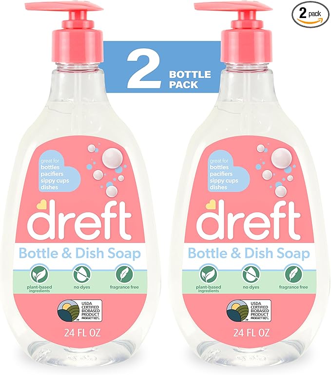Dreft Baby, Bottle and Dish Soap, Removes Milk Film & Odor, Plant Based, Fragrance Free, Travel Size Bottles, 24 Fl Oz (Pack of 2)