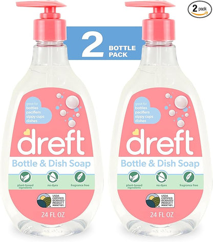 Dreft Baby, Bottle and Dish Soap, Removes Milk Film & Odor, Plant Based, Fragrance Free, Travel Size Bottles, 24 Fl Oz (Pack of 2)