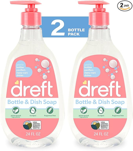 Dreft Baby, Bottle and Dish Soap, Removes Milk Film & Odor, Plant Based, Fragrance Free, Travel Size Bottles, 24 Fl Oz (Pack of 2)