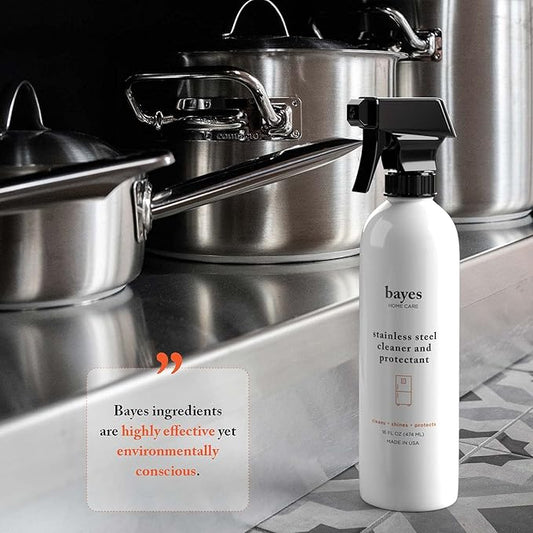 Bayes High-Performance Stainless Steel Cleaner Spray, Polish, and Protectant - Stainless Steel Refrigerator Cleaner - Indoor & Outdoor Stainless Cleaner - Stainless Steel Sink Cleaner 16oz