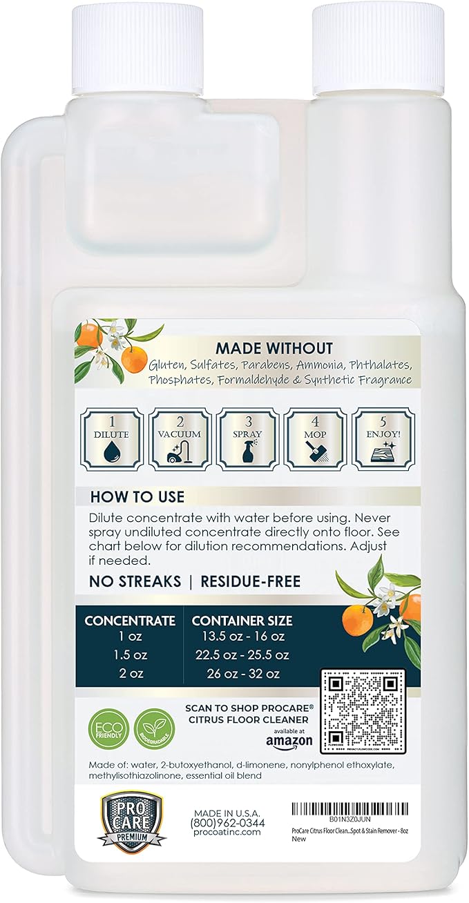 Citrus Floor Cleaner Concentrate (Made in USA) | Vinyl, Wood, Tile, Stone & Laminate Floor Cleaner For Mopping, Household Supplies, Cleaning Solution For Kitchen & Bathroom - 16oz (474ml)