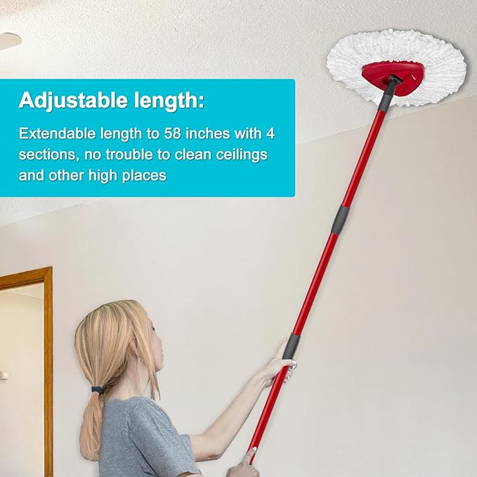 Spin Mop Replace Head, Base, Mop Handle Replacement for OCedar EasyWring 1 Tank System - Include 2 Microfiber Refills, 4-Section Sturdy Iron 30-58in Handle, Head Cover and Scrubber