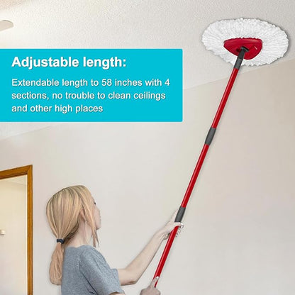 Spin Mop Replace Head, Base, Mop Handle Replacement for OCedar EasyWring 1 Tank System - Include 2 Microfiber Refills, 4-Section Sturdy Iron 30-58in Handle, Head Cover and Scrubber