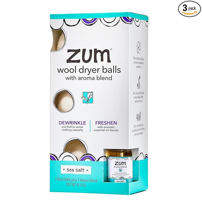 Zum Indigo Wild Laundry Dryer Balls Kit - Wool Laundry Balls for The Dryer - Essential Oil Spray - Reusable Drying Balls for Laundry - Sea Salt - (3 Dryer Balls, 1 Aroma Blend)