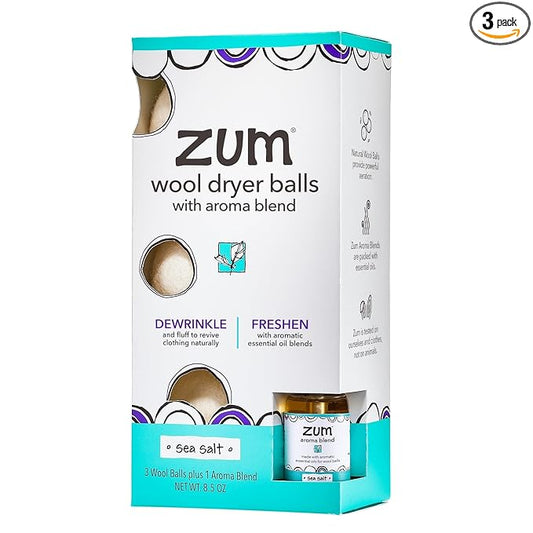 Zum Indigo Wild Laundry Dryer Balls Kit - Wool Laundry Balls for The Dryer - Essential Oil Spray - Reusable Drying Balls for Laundry - Sea Salt - (3 Dryer Balls, 1 Aroma Blend)