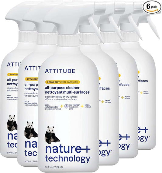 ATTITUDE All Purpose Cleaner, EWG Verified Multi-Surface Products, Vegan, Naturally Derived Multipurpose Cleaning Spray, Citrus Zest, 27.1 Fl Oz (Pack of 6)