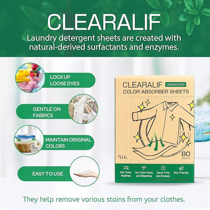 CLEARALIF All In One Laundry Kit. 80 Sheets Unscented Laundry Sheets, 7 oz Lavender Scent Booster Tube, 80 Sheets Color Absorber Sheets.