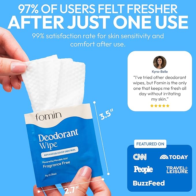FOMIN Acidified Travel Deodorant Wipes For Women & Men - 30 Count - Fragrance Free - pH Balanced, Mini Deodorant Travel Size Wipes - Plastic-Free, Individually Wrapped Underarm Body Wipes