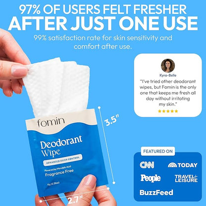 FOMIN Acidified Travel Deodorant Wipes For Women & Men - 30 Count - Fragrance Free - pH Balanced, Mini Deodorant Travel Size Wipes - Plastic-Free, Individually Wrapped Underarm Body Wipes