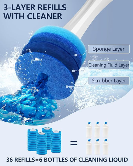 36PCS Disposable Toilet Brush Heads for Leebein HK-047 Electric Toilet Brush, 36 Wand Refills for Leebein Electric Toilet Bowl Cleaning Brush, 3 Layer Sponge Brush with Cleaner, Machine Not Included